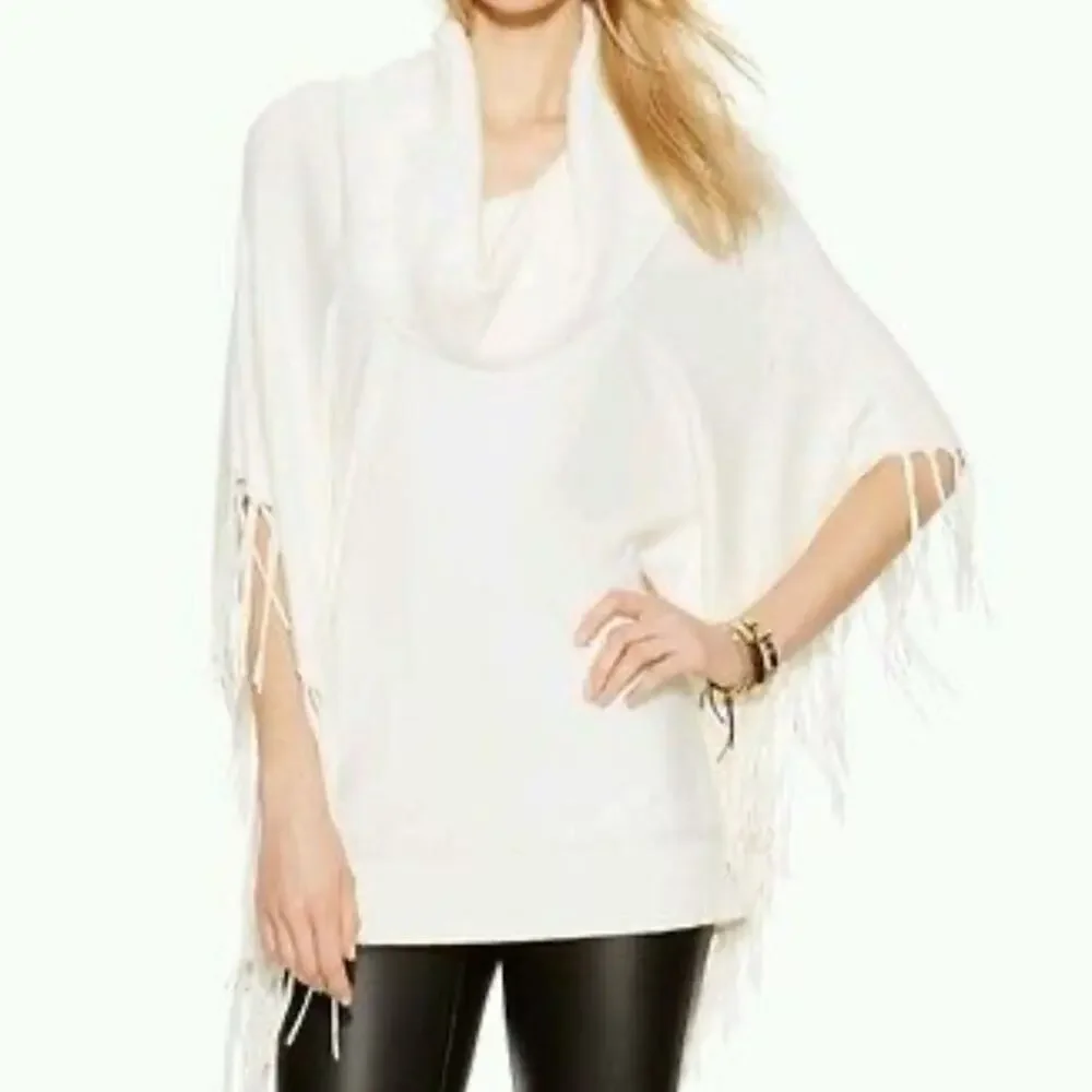 💜SALE: Michael KORS size XL Cowl Neck Fringe Poncho Sweater - Ivory White